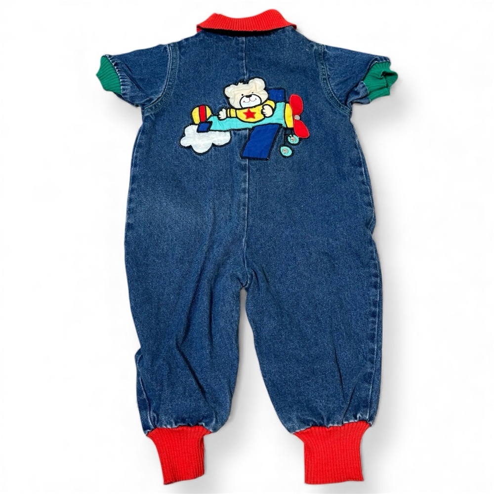 Vintage Teddy Bear Corps Baby Romper Embroidered Airplane Denim jumpsuit